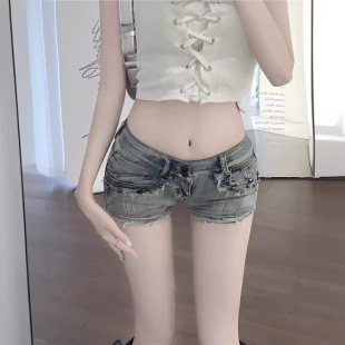 Real-shot Real-priced American Spice Girls Rivet Low-waist Denim Shorts Women's Slim-fit Retro Tight Hip Wide-leg Hot Pants