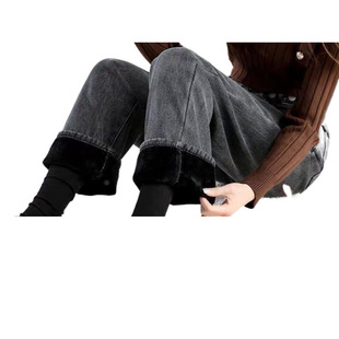 fleece-lined Thickened light blue High Waist Wide Leg Jeans Women's 2024 Winter New Student's All-match Straight Warm Pants