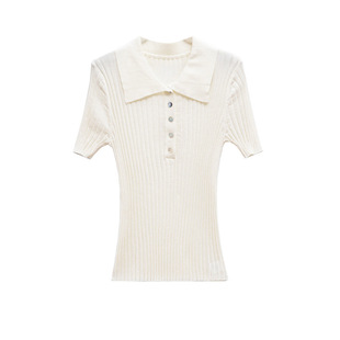 POLO Collar Pit Knitted Pullover 2025 Spring European and American Style Casual Stretch Slim-fit Short-sleeved Sweater for Women