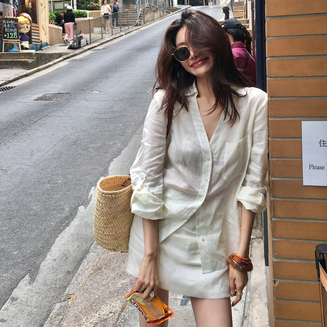 Ramie Shirt for Women, Long-Sleeved, Lazy Style, High-Waisted Skirt, Tencel Shorts and Skirt Two-Piece Set
