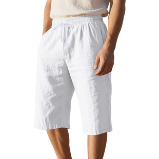 Cross-border European and American Summer New Men's Loose Simple Solid Color Casual Linen Breathable Sports Beach 7 Shorts