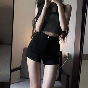 Supermarket High Quality Black Denim Shorts High Waist Hot Pants for Hot Girls Summer Retro High Waist Tight Slimming Hip Pants