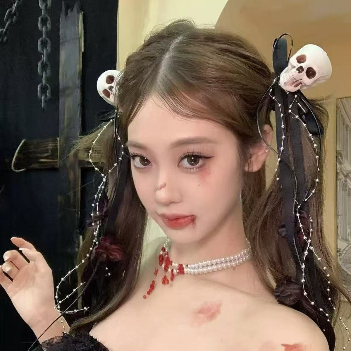 Ground-Bound Girl Halloween Dark Skull Hairpin Bow Braided Hair Headdress Cos Dress up Props Hair Accessories