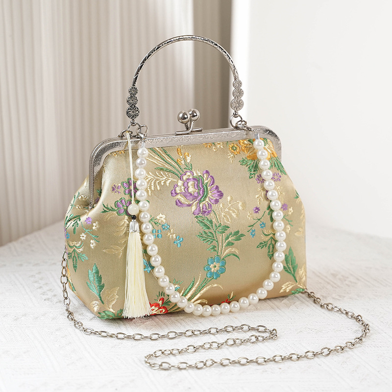Original gold-based red floral retro style handbag for cheongsams, Hanfu, tea dresses, weddings, gifts for elders, crossbody bag, women's ancient style wedding favor bag