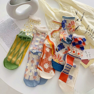 Crystal Stockings for Children Spring and Summer Ins Trendy Thin Cotton Socks Bottom Transparent Japanese Sweet Glass Silk Mid-Socks for Summer