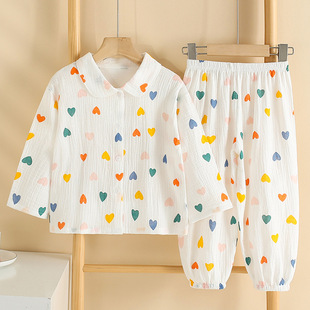 Summer cotton yarn pajamas pure cotton lapel gauze thin air conditioning clothing medium and small children Boys Girls baby homewear suit