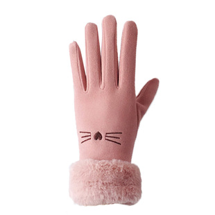 Autumn and Winter Warm Gloves Women's Riding Touch Screen Korean-style Cute Five-finger Velvet Thickened Suede Student Gloves