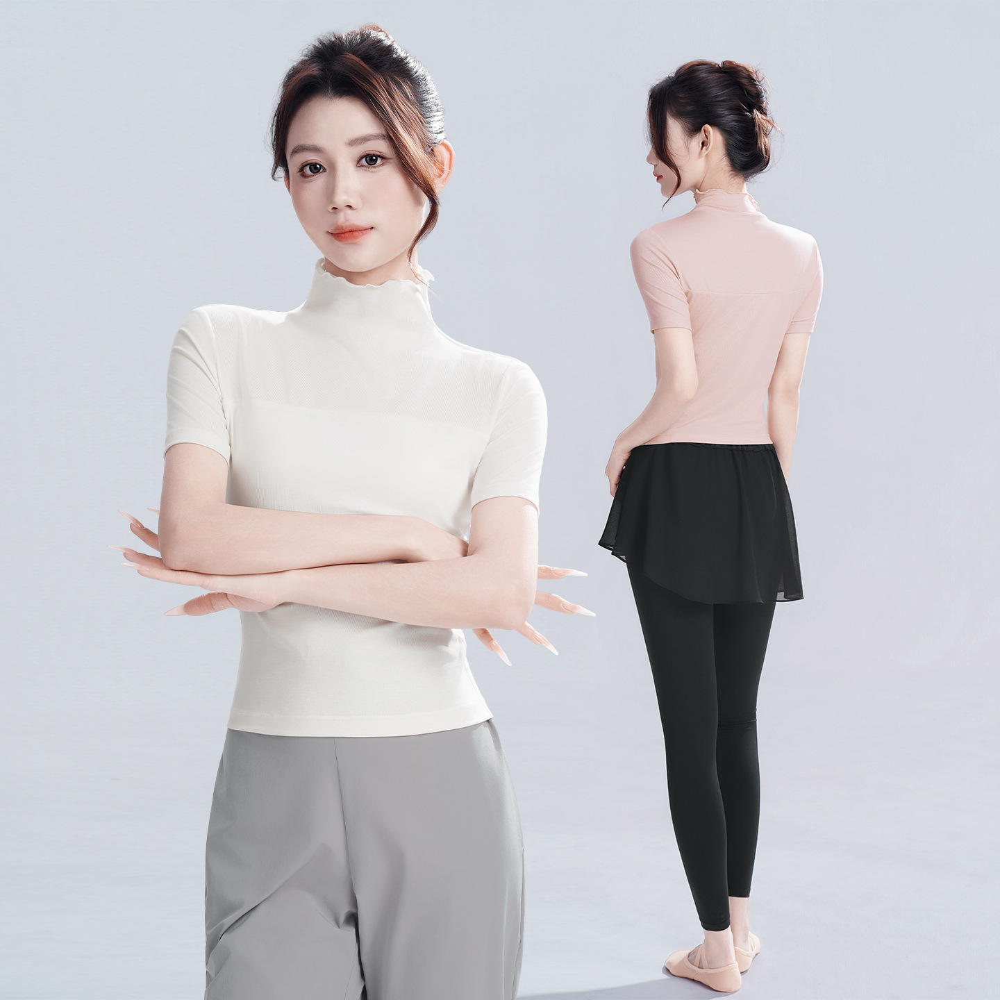 Dancewear top for adult women, ballet training t-shirt, Lyocell high-neck slim-fit short-sleeve sports fitness yoga wear