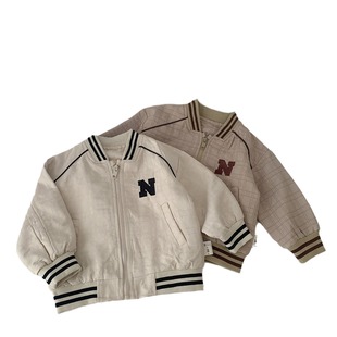 Maibao children's jacket 2024 letters cardigan spring new embroidered jacket boys and girls striped edge baseball uniform fashion