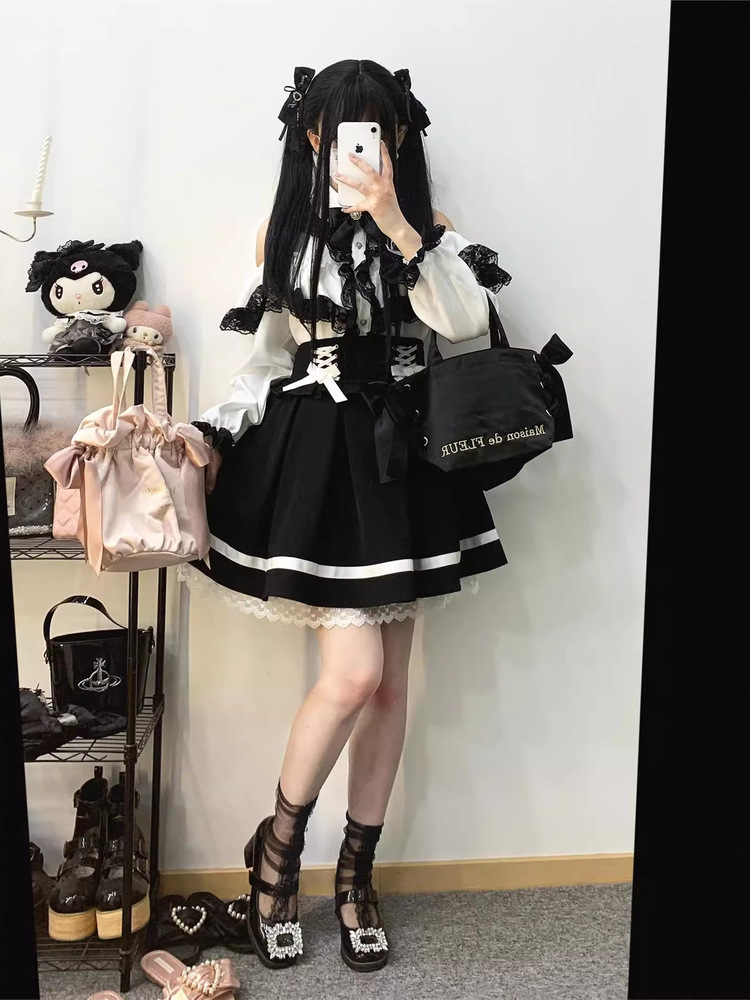 Japanese Style Sweet Lace Off-Shoulder Long-Sleeved Shirt + Lolita Bow-Tie Tutu Skirt Two-Piece Set