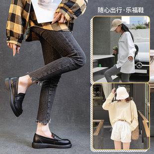 2024 spring retro black leather shoes all-match genuine leather British loafers thick sole shoes women's soft sole slip-on