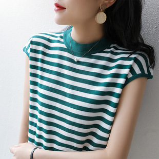 Autumn and Winter 2022 New Cotton and Linen Striped Short-sleeved T-shirt Women's Cotton Contrast Black and White Striped Half-sleeved Loose