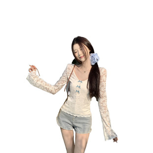 in stock Real Price Spring Korean V-neck Pure Lace Hollow Bow with Tube Top Two-piece Long Sleeve T-shirt Women