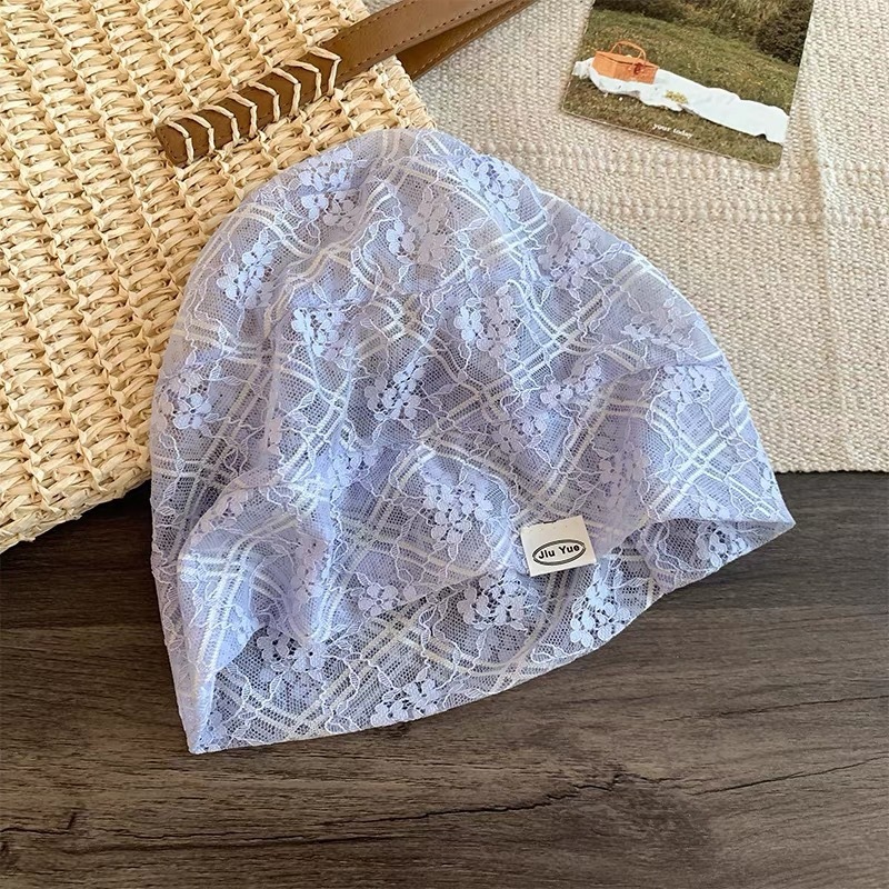 Korean Instagram Influencer Style Lace Thin Headscarf Hat, Slouchy Hat for Women, Summer Breathable, Face-Slimming Beanie, Cold Weather Hat