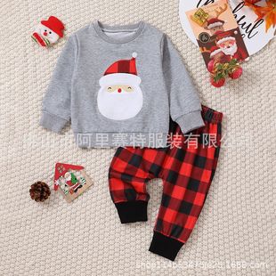 Cross-border Infant Male and Female Infant Santa Claus Embroidered Grey Long Sleeve Top + Red Plaid Trousers Set
