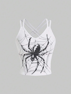 Spring and summer American new AliExpress spider print hot drill hot girl short shoulder strap backless strap wholesale
