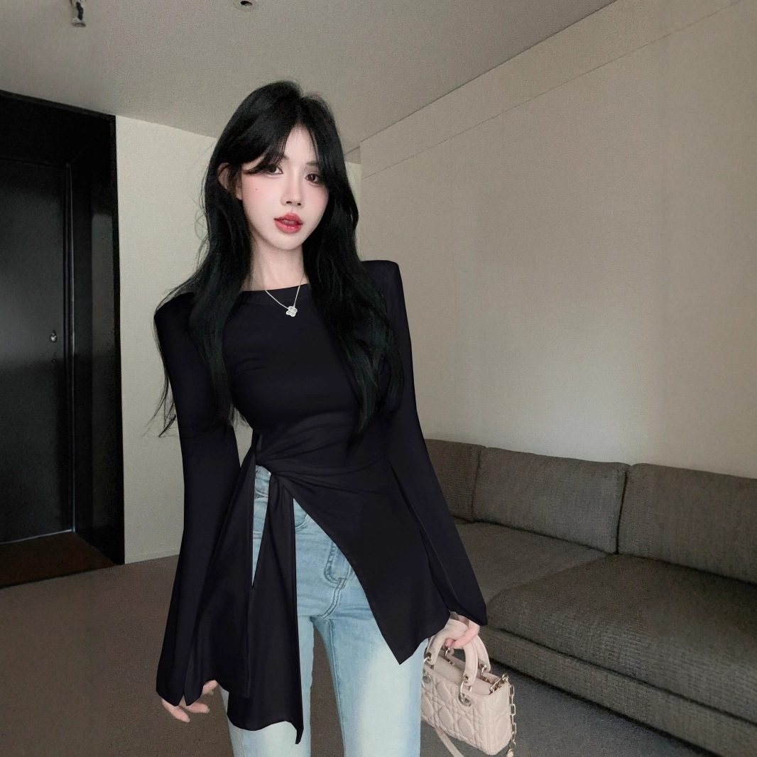 디자인감 있는 사이드 슬릿 허리 슬림핏 긴팔 티셔츠 여성 가을 신상 불규칙 브이넥 다용도 이너웨어 상의