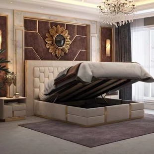 Post-modern light luxury bed Italian double real leather bed luxury villa beige high backrest 1.8 m master bedroom bed