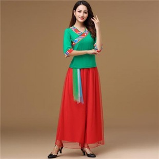 UNMUN Square Dance Costume New Style suit Women's Autumn and Winter Fan Dance Mid-Sleeve Ethnic Style Yangko Dance Mesh Dress Ancient