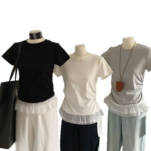 Fengzi Ai French Stitching Lace Skirt Short-sleeved T-shirt Temperament Slim-fit Ballet Style Base Short-sleeved Shoulder T-shirt for Women