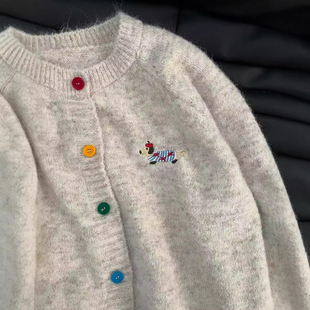 Autumn and Winter Candy-colored Button Sweater Cardigan Female Puppy Embroidered Soft Waxy Coat Sweet All-match American Style Retro Top