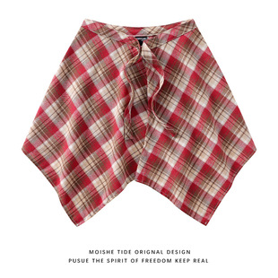 A generation of new overlapping artifact color plaid fart curtain men's and women's one-piece lace-up hide meat waist hem shirt