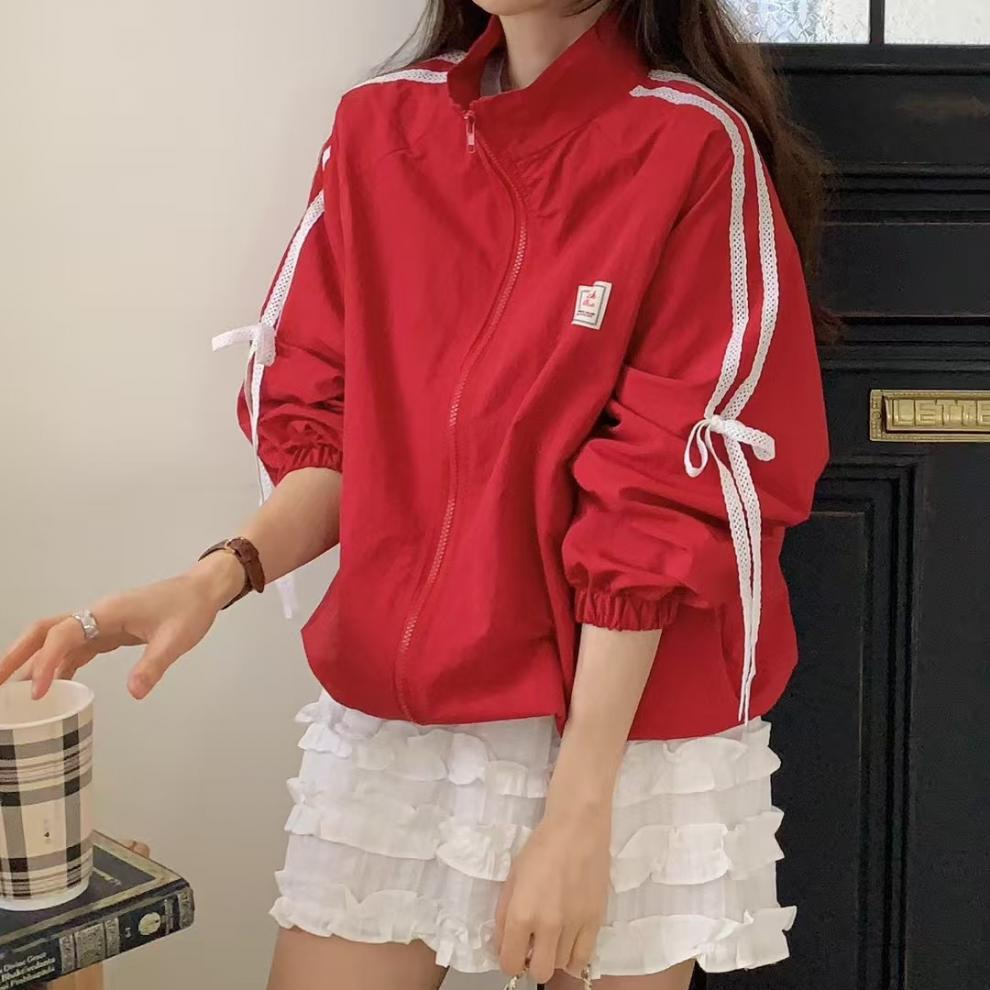 Korean-style chic lace bow-tie windbreaker jacket for women, new autumn loose-fit petite jacket top