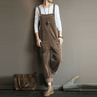 2023 Europe and America Amazon New Hot Women's Corduroy Solid Color Artistic Loose Casual Long Overalls