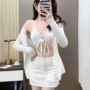 Swimsuit Women's 2024 New Split High Waist Long Sleeve Sun Protection Slimming Sexy Bikini Three-Piece Swimsuit