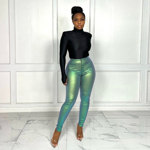 Freight 2023 Autumn New European and American Women's Wear ins Slim Fit Bag Hip Metallic Silver Hot Silver Casual Pants Women 7291PG