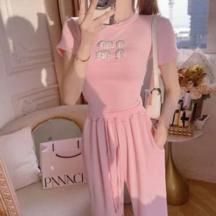 Dopamine suit Women's Summer Diamond Letter Short-sleeved Top Fashionable Age-reducing Wide-leg Pants Casual Pants Sports Two-piece Set