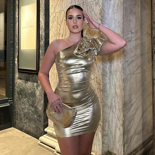 R23DS179 European and American style 2024 new women's fashion sexy bow shoulder metallic tight dress