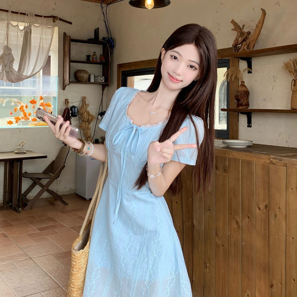 Summer French-Style Lace Patchwork Elegant Waist-Cinching Dress, Plus-Size French-Style Tie-Up Slimming Blue Embroidered Dress