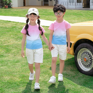 Summer New Family of Three Gradient T-Shirt Parent-Child Thin Breathable Mother-Child Mother-Women's Dress Trendy Short-Sleeved Top