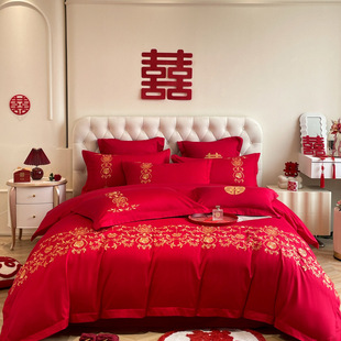 High-grade Chinese-style Skin-friendly Cotton Wedding Four-piece Set Red Baizitu Embroidery Quilt Cover Wedding Bedding Wedding Room