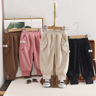 Korean version of children's clothing autumn new 2024 children's pants wholesale lace butterfly cartoon boys and girls sports pants one
