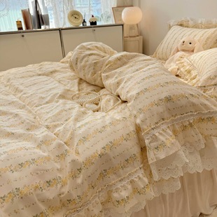 2025 new INS Korean cotton four-piece bed sheet bed hat bed skirt French lace small fresh three-piece set