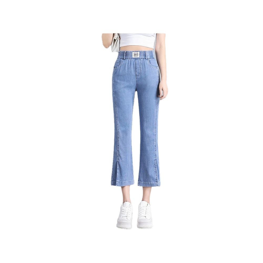 Tencel Micro-La Jeans 여성 여름 얇은 한국식 스트레치 허리 슬리밍 작은 8 점 9 점 플레어 바지