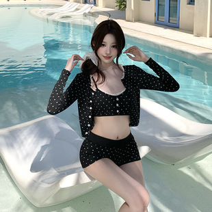 2025 New High-end Swimsuit Women's Cute Wave Point Hot Spring Vacation Split Long-sleeved Sunscreen Blouse Bikini