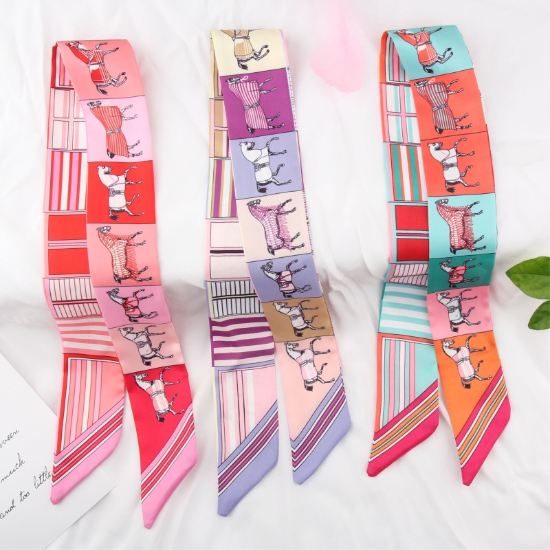 Twill War Horse Small Silk Scarf for Women Spring and Summer Thin and Narrow Ribbon Headband Hair Tie Bag Decorative Bow Long Scarf