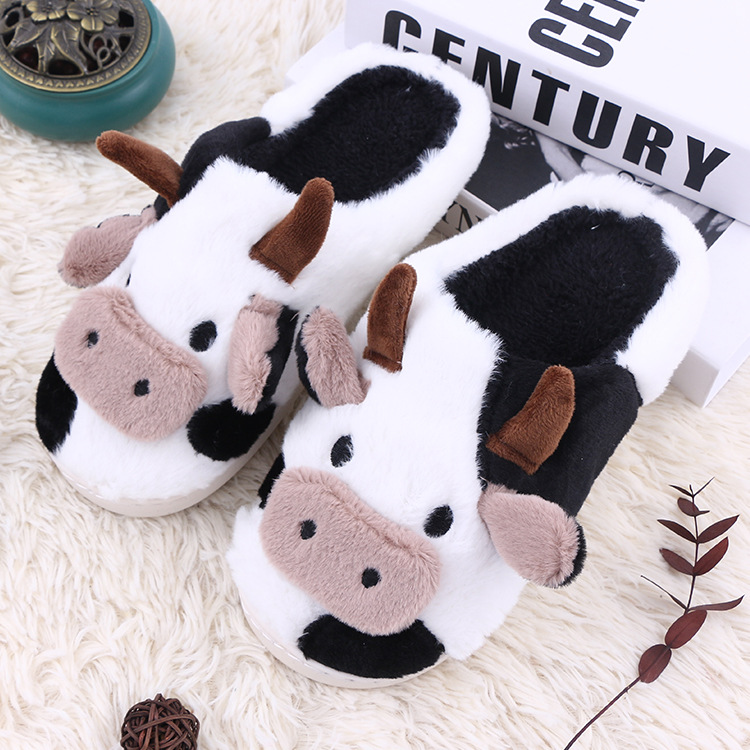 Autumn and winter home non-slip cotton slippers, fleece-lined and thickened warm cotton slippers, cross-border exclusive, cute cow-themed quirky cotton slippers