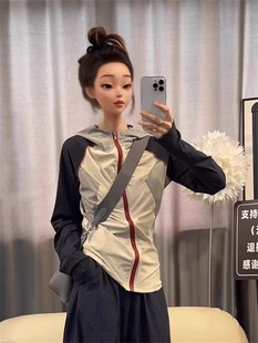 2025 Summer Fashion Patchwork Hooded American Style Contrasting Color Short Jacket Women's New Small Nylon Sun Protection Clothing