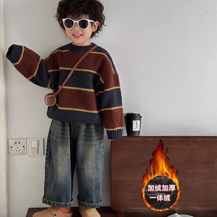 Boys and Girls Pants 2025 Winter New Children's American Fashionable Western Style Loose Wide Leg Pants Korean Jeans