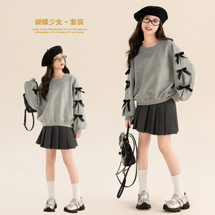 Girls' Casual Sweater Spring 2025 New Style Styish Bow Top for Middle School Children Grey Pullover for Students
