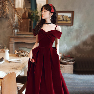 Burgundy toasting suit 2024 new bridal pint engagement dress women's high-end evening dress dress autumn
