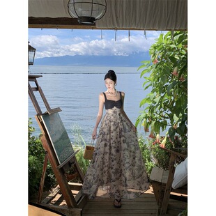 New Chinese style design sense dress stitching high-grade ink printing retro slimming National style suspender dress New