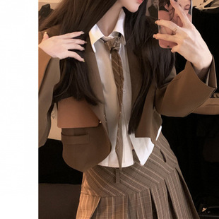 Spring and Autumn 2024 New Korean Long Sleeve Suit Jacket Tie Shirt Plaid Pleated Skirt Fashion suit Women's Fashion