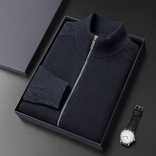 Cashmere Cardigan Men's Autumn and Winter Vertical Collar Thickened Warm Sweater for Middle-aged Dad Solid Color Sweater Coat Trendy