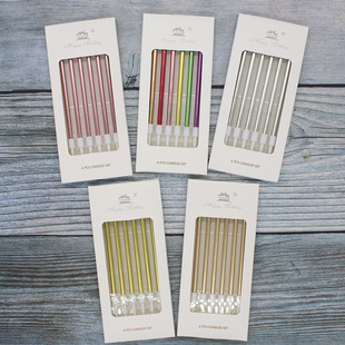 Wholesale Cake Candle Electroplated Gold Silver Metallic Long Rod Vintage Pencil Birthday Party Colorful Candle