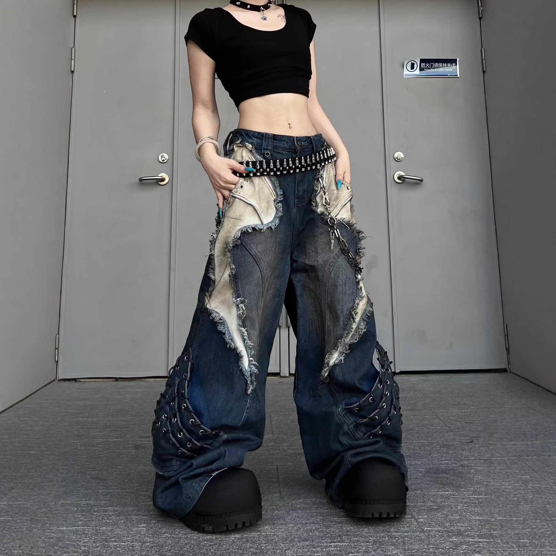 2025 New American High Street Washed Tie-Dye Zipper Jeans Women's Straight Loose Slimming Long Pants Trendy
